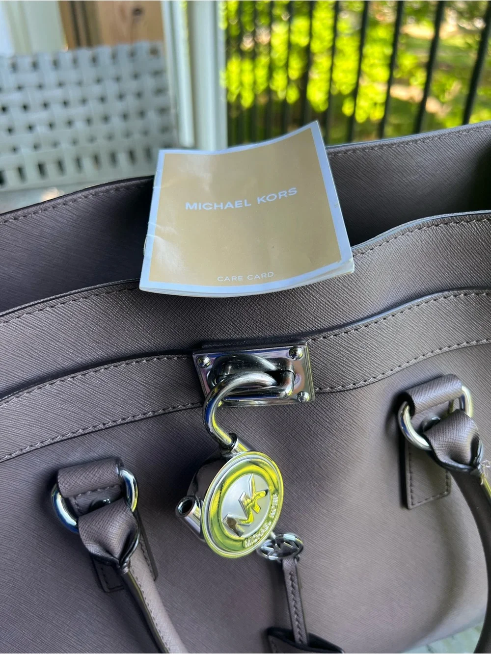 Michael Kors Taupe Saffiano Satchel with Logo Charm